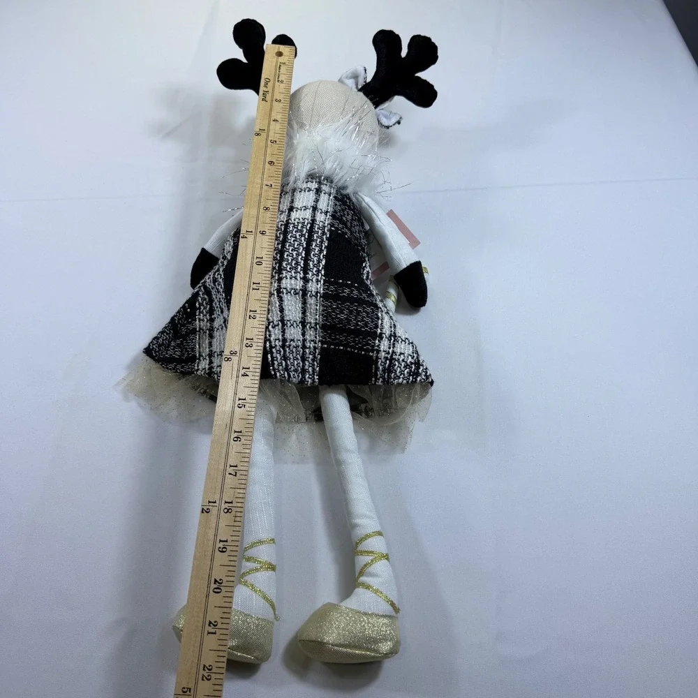 Cupcakes and Cashmere Reindeer Plush Holiday Decor‎ Black White Tweed Gold